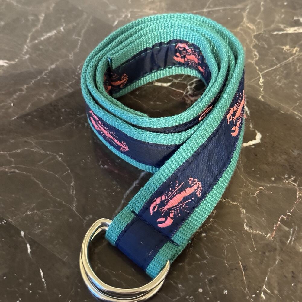 Women’s Preppy‎ Webbed Ribbon D Ring Belt Navy Pink Lobsters S/M Up To 32 Inch